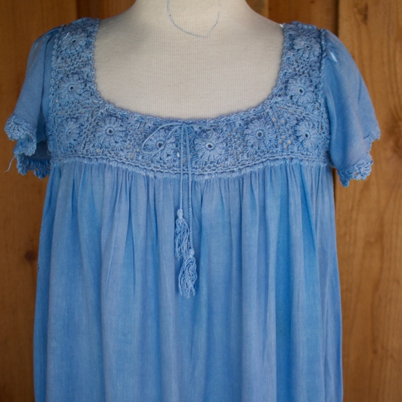 Vintage 70's Boho Handmade 100% Cotton Knit/Crochet Blue Midi Tiered Dress - Picture 5 of 17